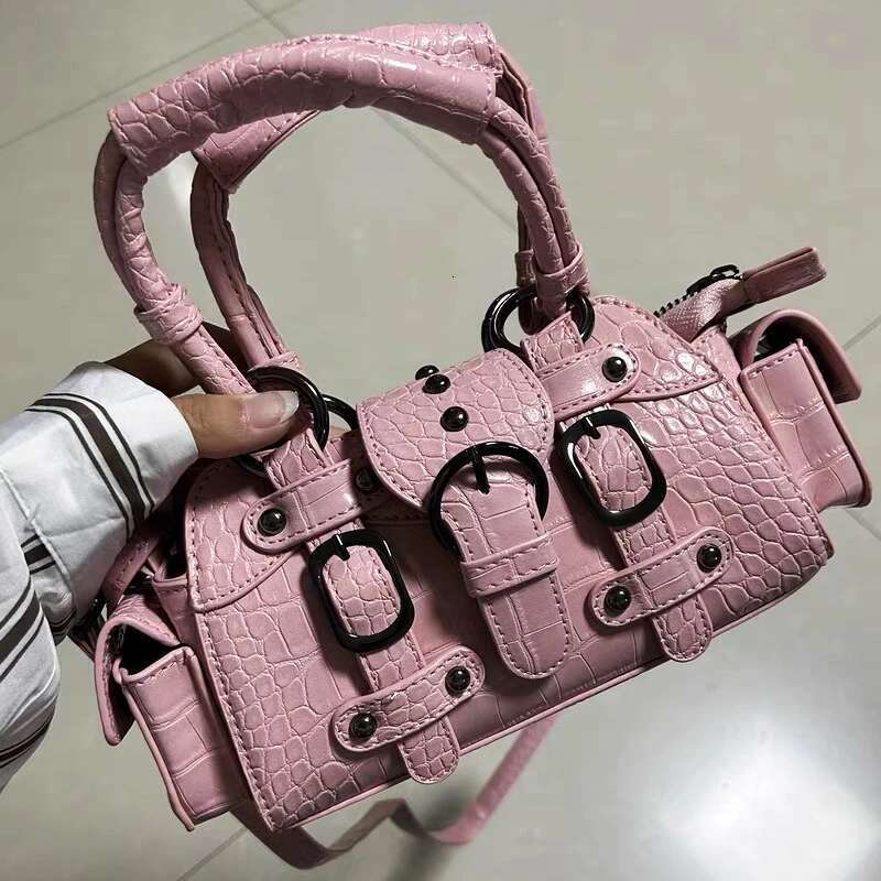 Moto & Biker Bag For Women Designer Handbag Purses 2024 New In PU Crocodile Pattern Rivet Belt Buckle Top Handle Shoulder