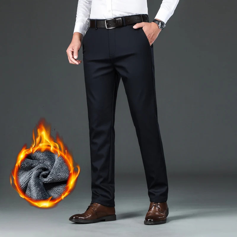 Flannel Thick Mens Casual Pants Navyblue Winter Fleece Business Stretch Warm Plush Trousers Slim Straight Male Pants 250214