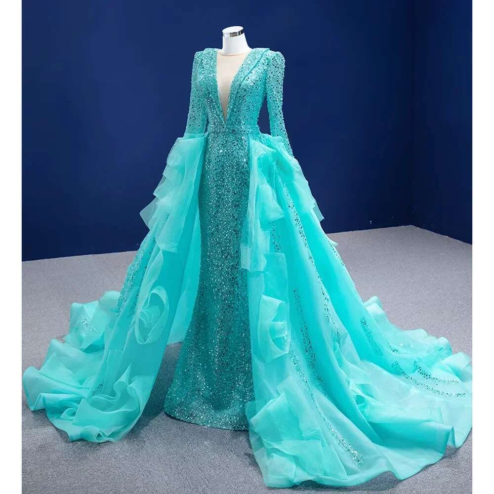 Exquisite Neckline V-neck Long Sleeves Evening Dress with Detachable Tail Chic Ruched Up Floor Mermaid Party Dresses Ball Gowns