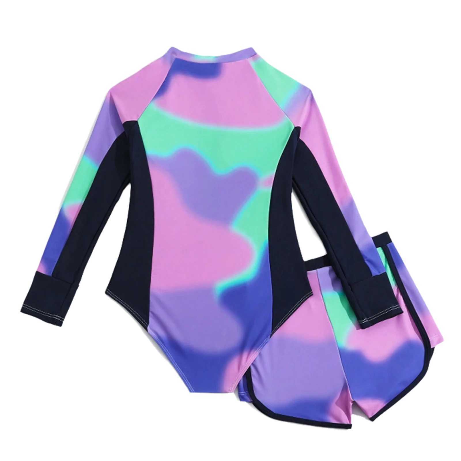 Kids Girls Two Pieces Rash Guard Swimsuit Swimwear Zip Front Long Sleeve Swim Jumpsuit with Shorts Set Summer Beach Bathing Suit X250224