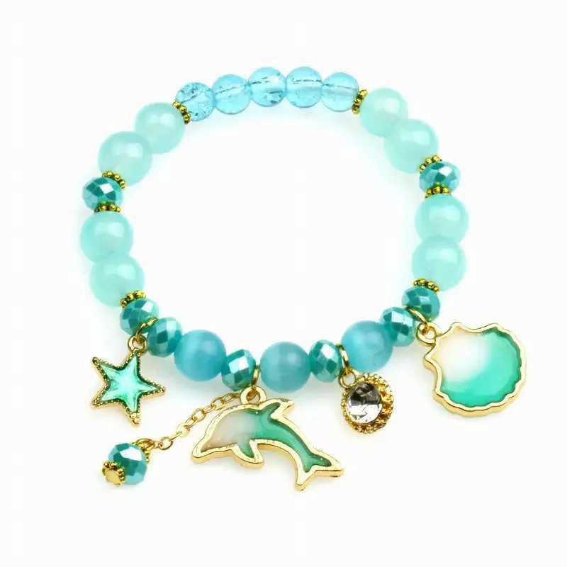 Metal Star Shell Dolphin Charm Pink Beaded Bracelet Girls Sweet Summer Handmade Elastic Bracelet Ocean Blue Color by JewelryXJ250225