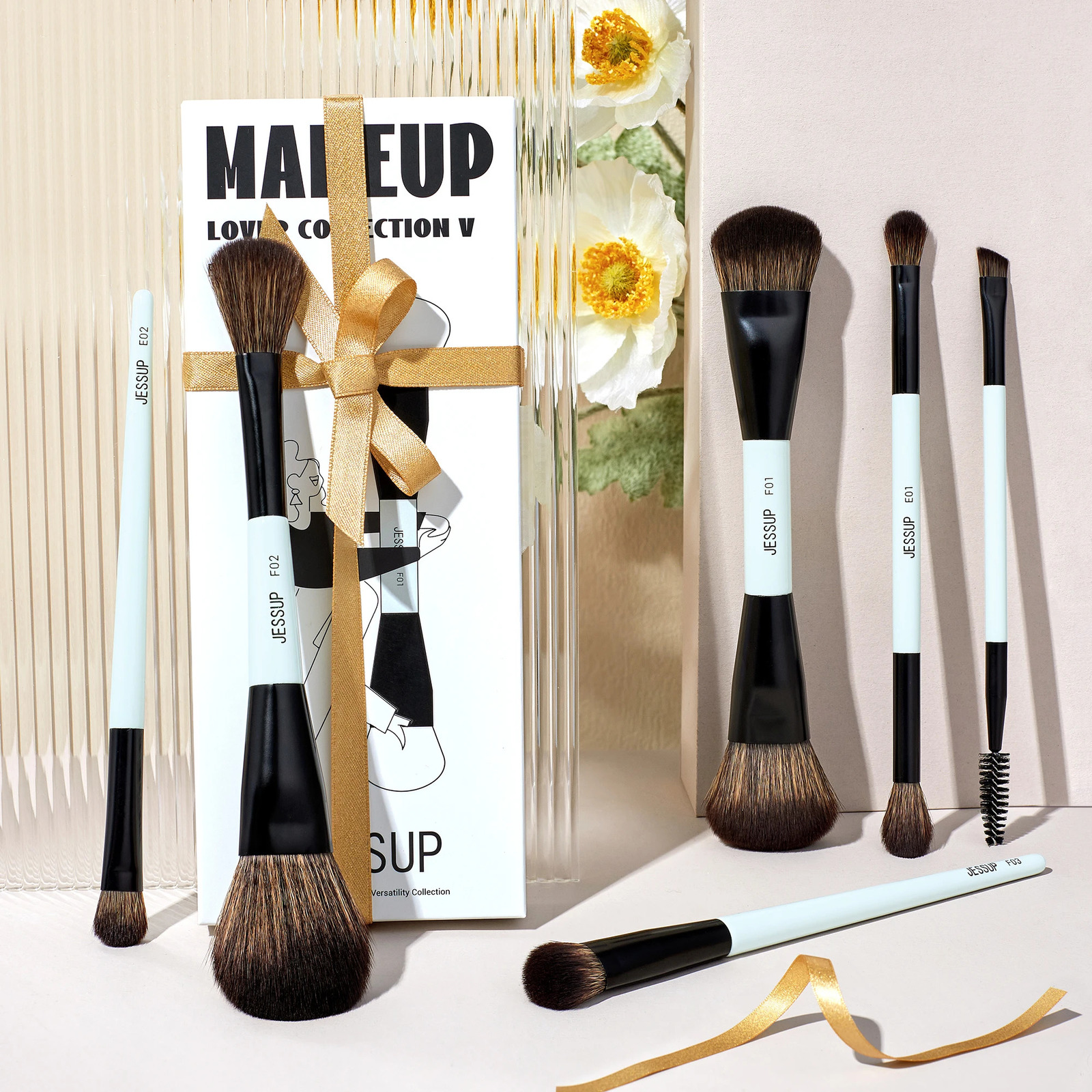 Jessup Makeup Brush Set Double Sided Makeup Brushes Foundation Contour Blush Blending Eyebrow ShadowFiber Bright Cyan T501 250224