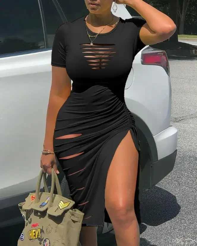 Womens Dresses 2023 Summer Fashion Contrast Leopard Print Drstring Ruched Casual O-Neck Short Sve High Slit Skinny DressXJ250224