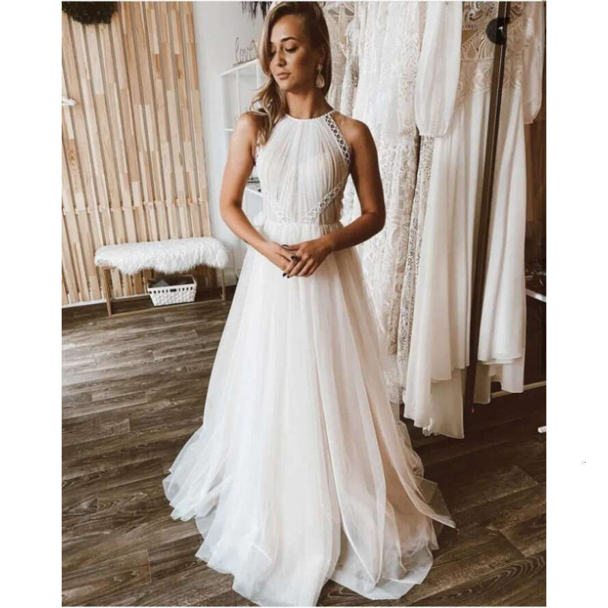 Halter Wedding Dress Boho Sleeveless Tulle A-E Robe De Mariee For Women Bridal Gowns Court Train White Pleat Lace Appliques