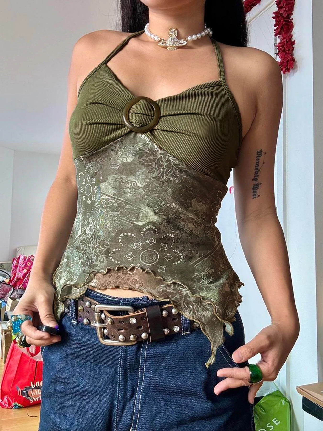Sweetown Retro Forest Green Vintage Print Boho Y2K Camisole Backless Halter Tie Asymmetrical Tops Women Summer Vacation Clothing 250224
