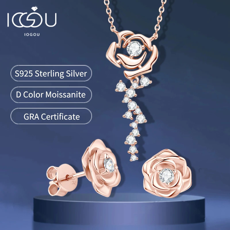 925 Sterling Silver Flower Jewelry Set Rose Gold Plated D Pendant Necklace Stud Earrings Set for Women Wedding Gift 250221