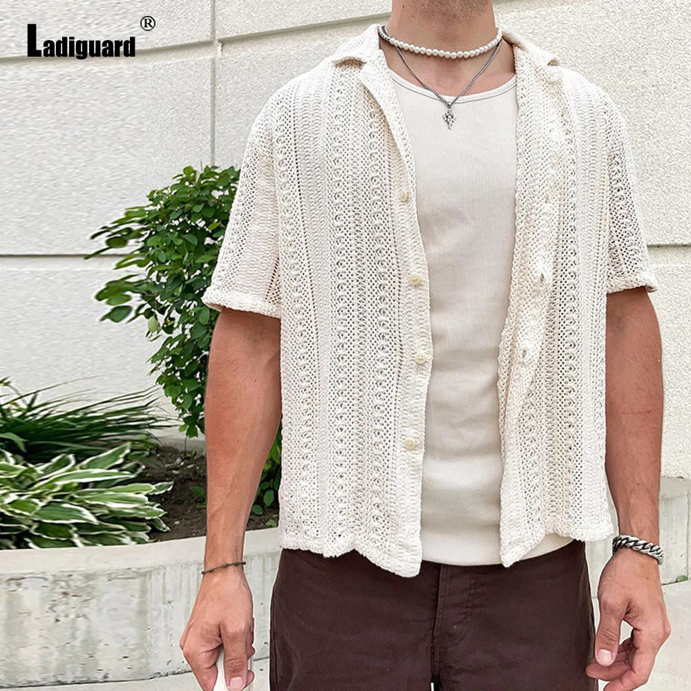 Europe Summer Knitting Blouse Solid White Hollow Out Shirt Mens Casual Beach Top Cardigans Lepal Collar Knitwear 250222