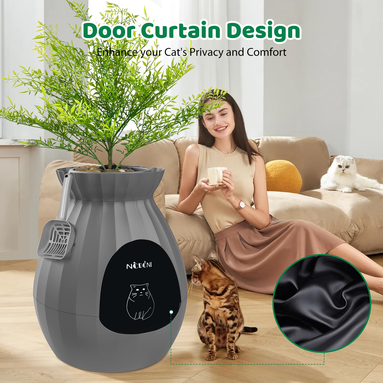 NCDCNI Extra Large Cat Plant Litter Box with Odor Removal, Smart Litter Box for Large Cats, Kitty with Door Curtain, Artificial Plants, Scoop