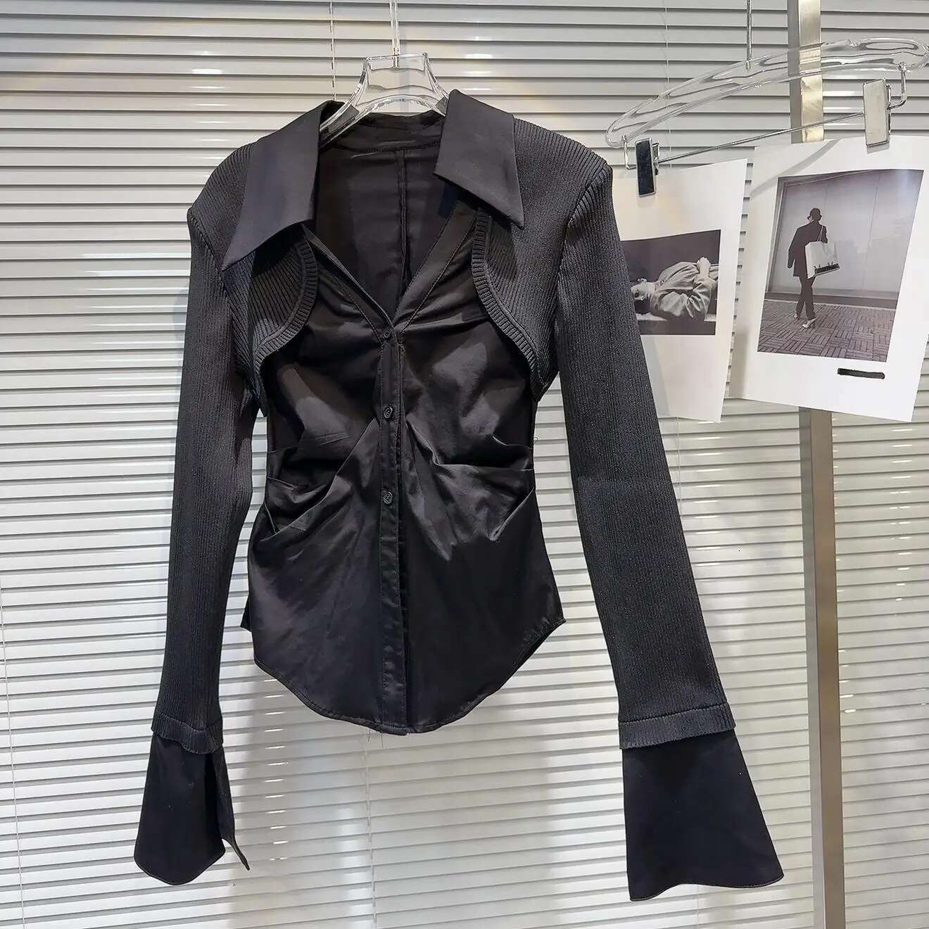 Getspring Women Shirt 2025 Spring Knitted Shawl Spliced Black White Color Matching Fake Two Slim Fit Blouse All Match Ladies Top