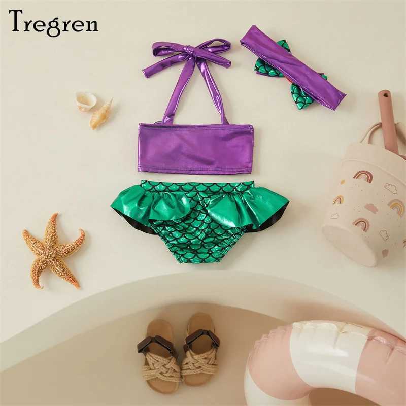 Tregren Toddler Kids Girl Mermaid Bikinis Set Summer Beachwear Halter Top Swimwear Swimming Pool Bathing Suit with Headband X250224