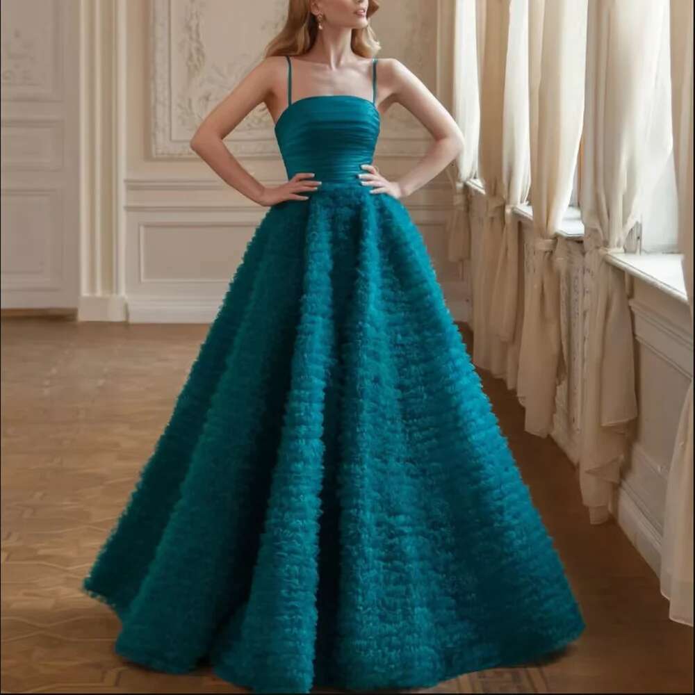 Elegant Women's Formal Italian Style Sleeveless Sapphire Shoulder Straps Floor Rubbing Tulle prom Graduation Party Evening Dress