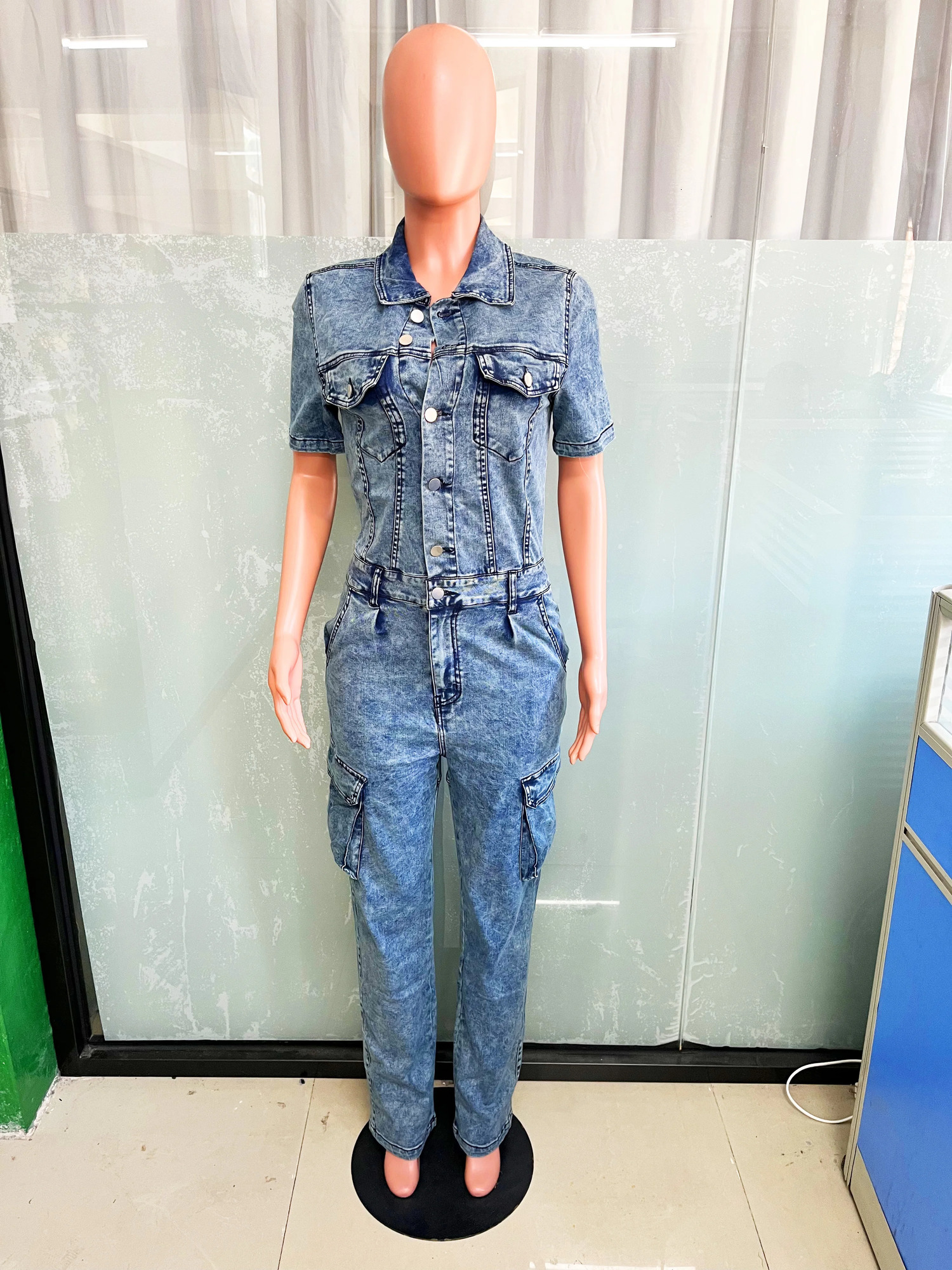 Multi Pockets Jeans Cargo Jumpsuit Sexy Women Turn Down Collar Elegant Denim Casual Overalls Romper 250122