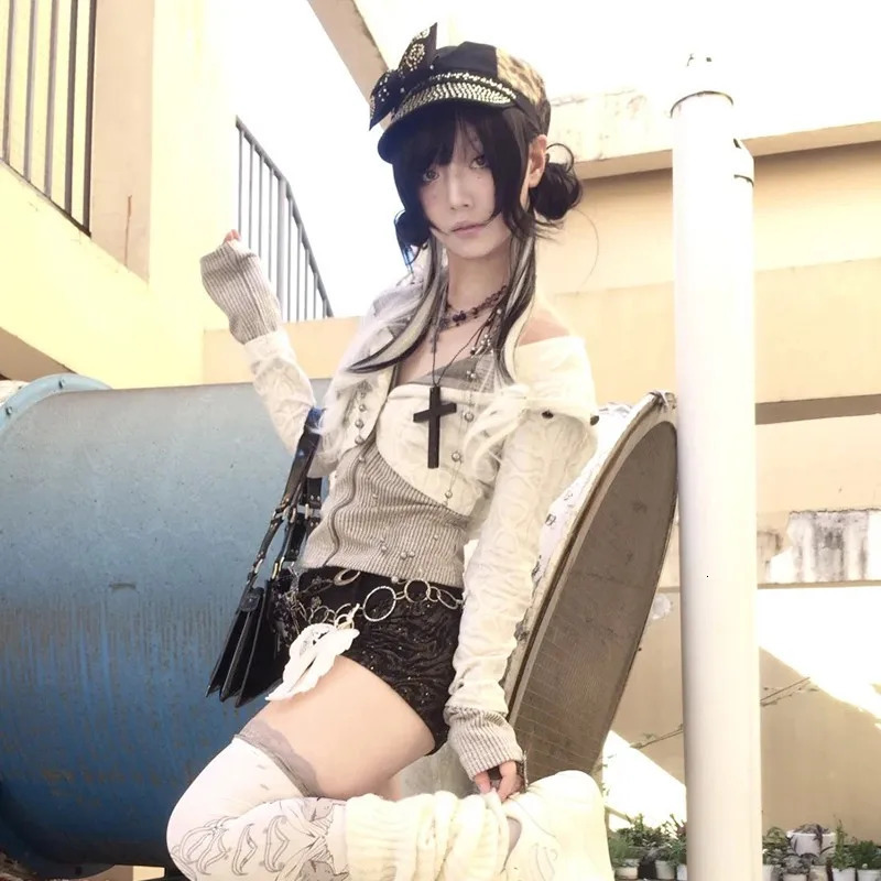 Karrram Japanese Y2k Two-piece Knitted Tops Trashy 2000s Hooded Jacket Vintage Harajuku Knitwear Grunge Aesthetics American 250224