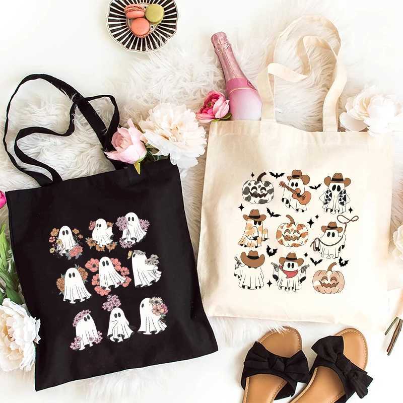Spooky Season Boo Graphic Handbag Women Casual Canvas Portable Shoulder Bag Cute Halloween Party Shopping Reusable Tote Bag Z250224