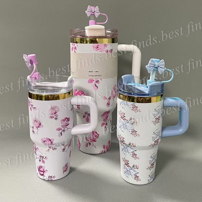 (Staw with Bows) 40oz/14oz Stainless Steel Tumbler 2.0 With Handle LOGO Lid Straw Big Capacity Water Bottles for Car