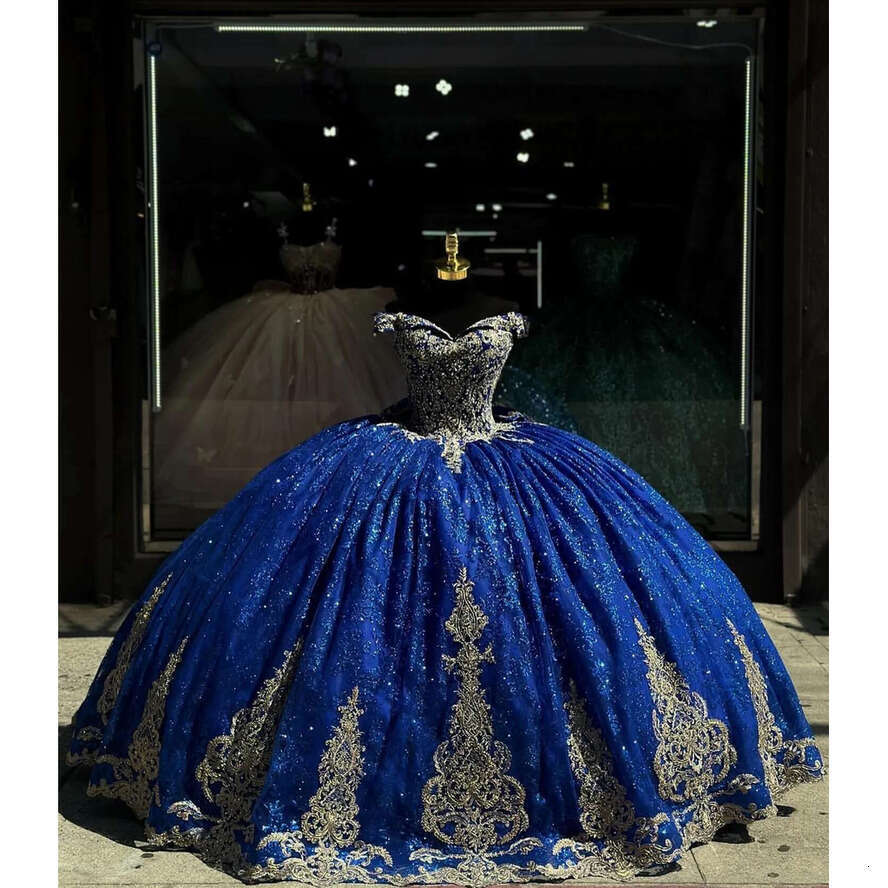 Royal Blue Princess Dresses Prom Ball Gown Off Shoulder Glitter Sequins Vestido De Quinceanera Gold Appliqued 15 Masquerade Dress 0616