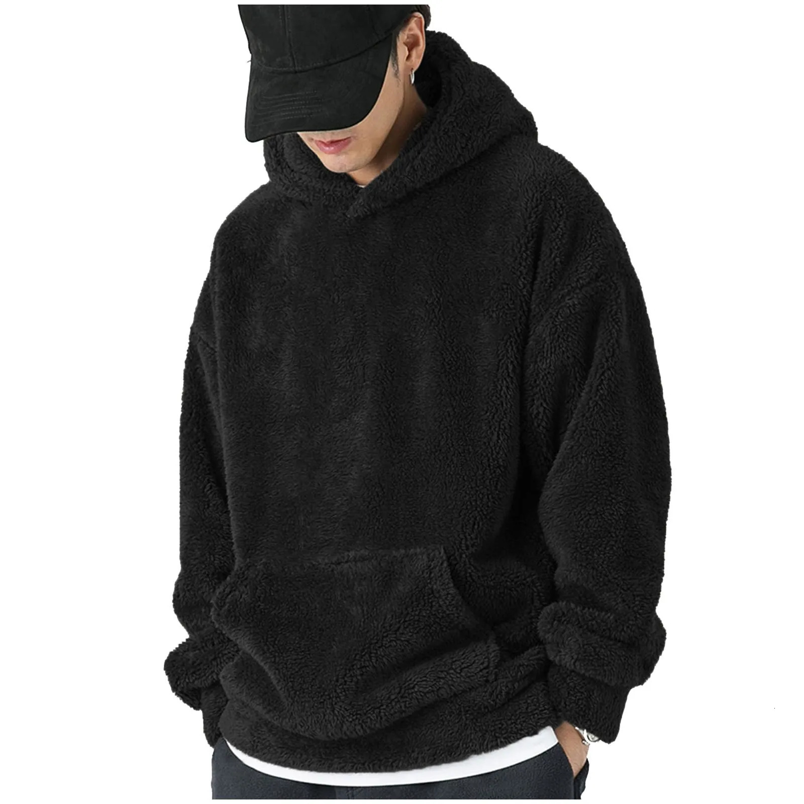 MenS Round Neck Long Sleeved Coral Fleece Hooded Sweatshirt Winter Warm Thickened Solid Color Oversized Hoodies 250224