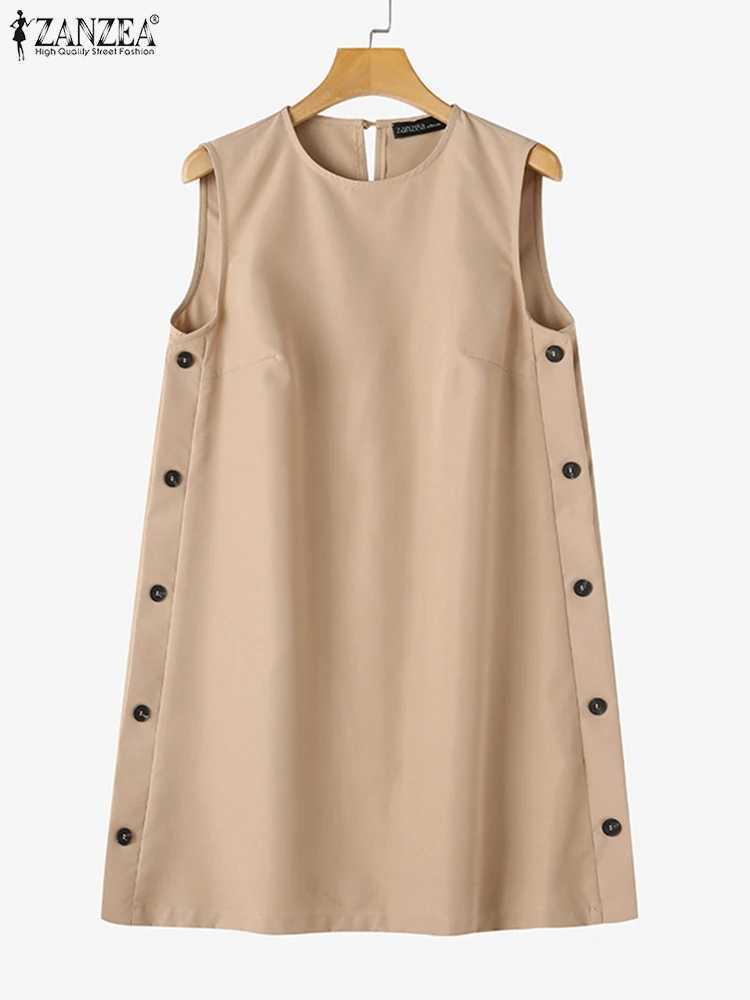 ZANZEA Women Sveless Tank Mini Dress 2024 Summer Casual Buttons Sundress Solid Round Neck Short Dress Holiday A-line DressesXJ250224