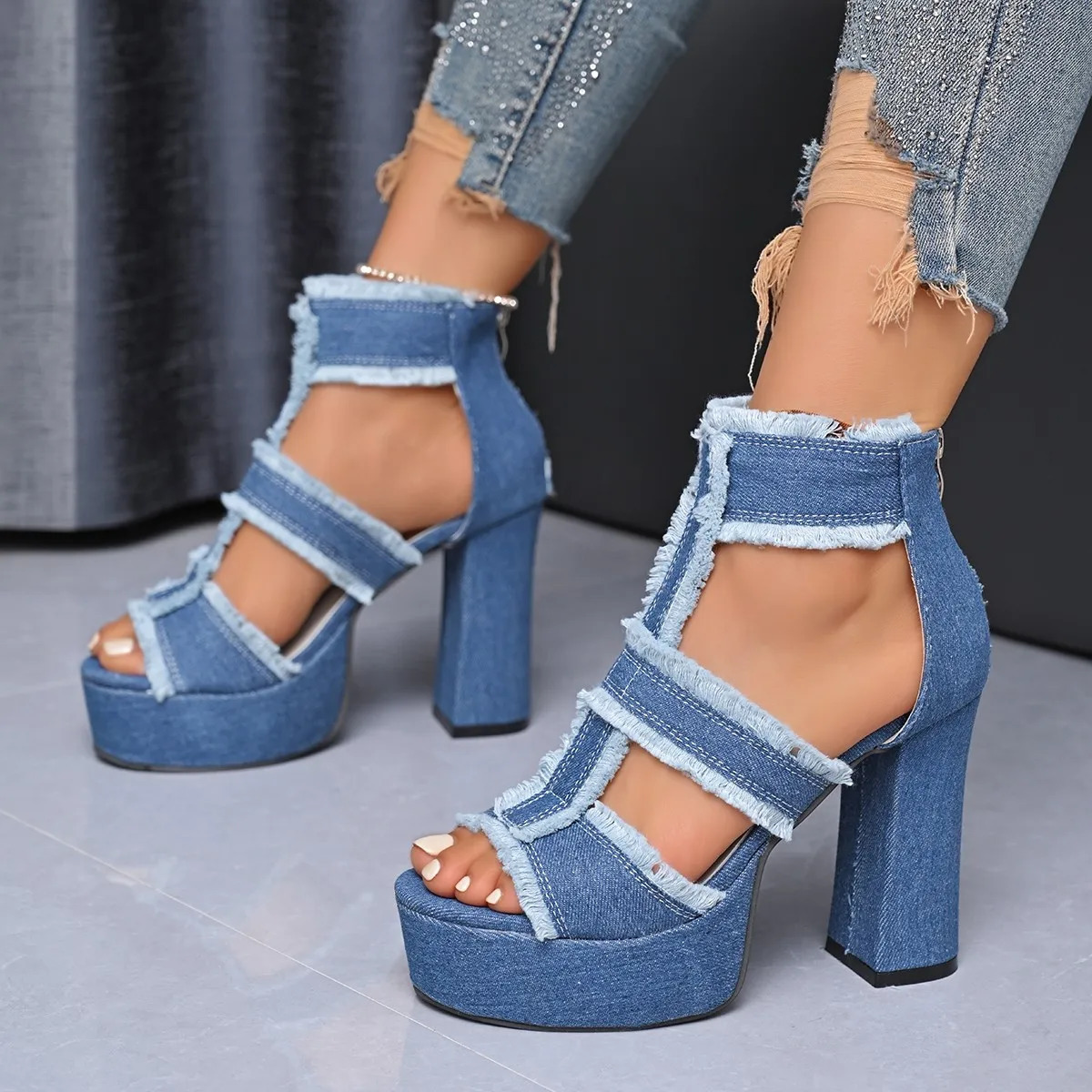 Summer Women Sandals Platform Blue Denim Ankle Strap High Heels Shoes for Women Fashion Outdoor Sexy Peep Toe Sandals Women 250218