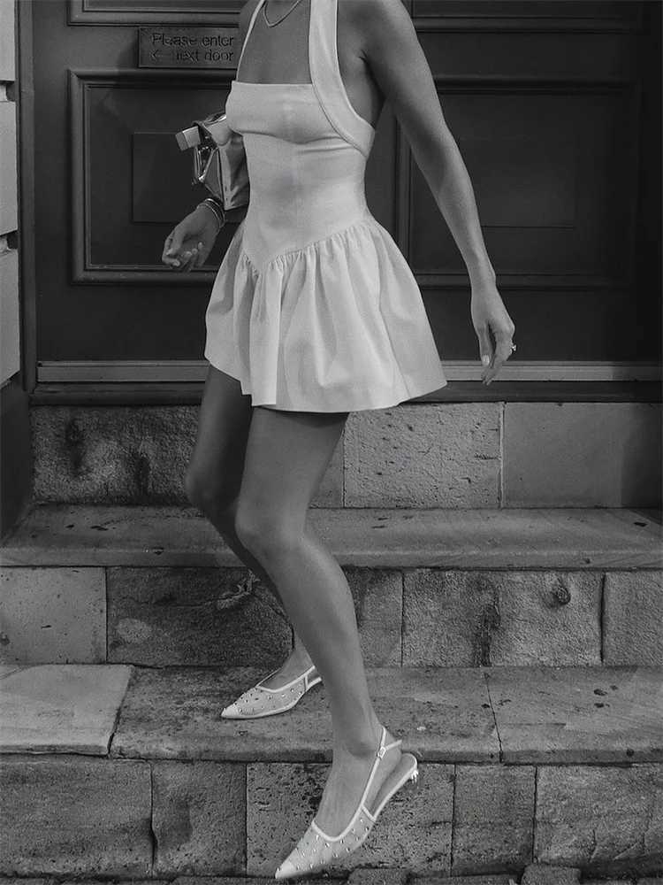 White Summer Ruffled Mini Dress Fe Halter Backless Fashion Patchwork Square Collar Slim Dress Womens Solid Mini DressXJ250224