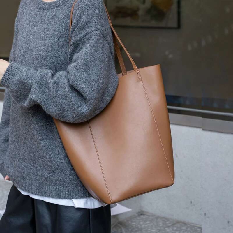 Hifashion Cow Genuine Leather Large Shopper Tote Bags For Women 2025 Trend Designer Underarm Shoulder Bag Bucket Ladies Handbags