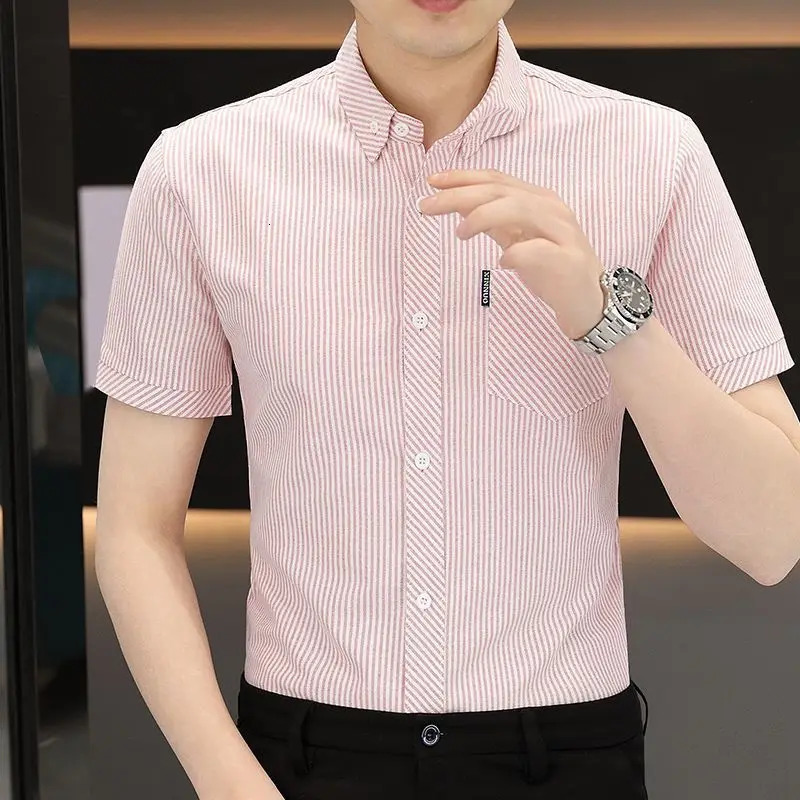 Striped Shirt for Men Korean Style Slim Short-sleeved Iron-free Casual Cardigan Summer Half-sleeved Top Pocket 250224