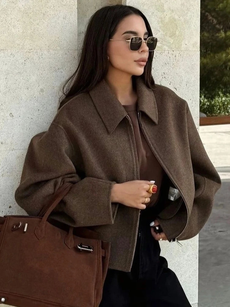 Fashion Brown Zipper Woolen Jacket For Women Elegant Lapel Long Sleeve Short Coats Female Vintage Autumn Lady Street Outerwear 250224