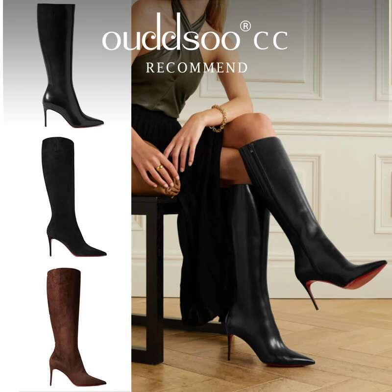 Ods Trend Brand Designers Stiletto Boots For Women Sexy Pointed Toe Pole Knee High Brown Black Leather Red Sole Botas 9Cm 414346