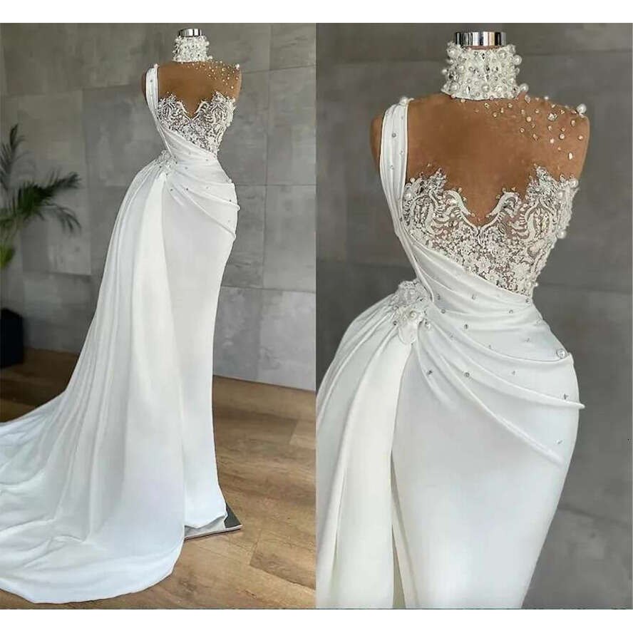 Mermaid Evening Dresses Urious Pearls Beaded High Neck Illusion Top Formal Prom Party Gowns Lace Appliques Peplum Ruched Robe De Mariee
