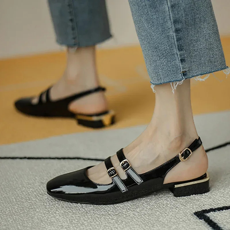 Women Sandals Summer Shoes Woman Flats Double Buckle Mary Janes Shoes Patent Leather Dress Shoes Back Strap Zapatos Mujer 250224