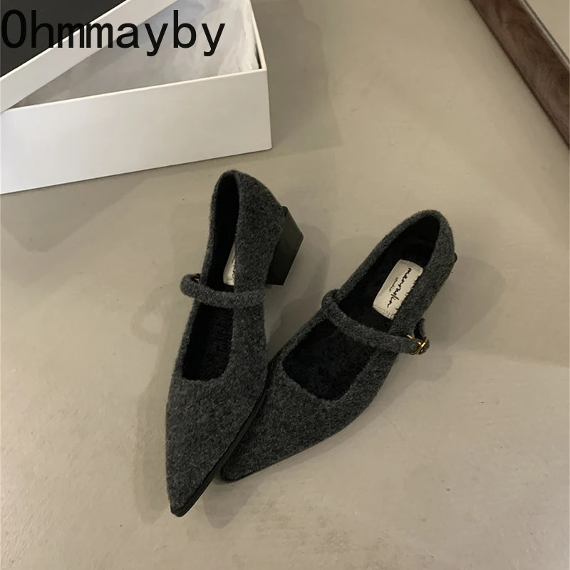 Winter Cotton Women Mary Jane Shoes Fashion Shallow Pointed Toe Shoes Concise Square Heels Shoes 250224