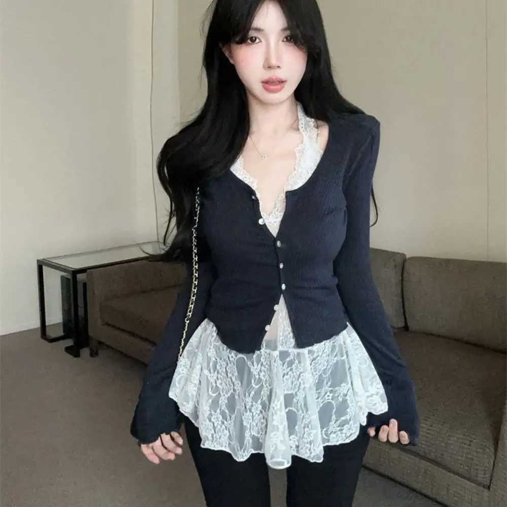 Fashionable transparent lace camisole dress A-line V-neck lace camisole short sleeved dress sweet streetwear womens clothingXJ250224