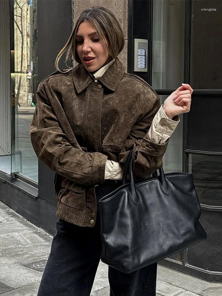 Women's Jackets Vintage Suede Zipper Jacket Women Casual Loose Turn-down Collar Button Brown Long Sleeve Coat Spring Street Chic Outerwear