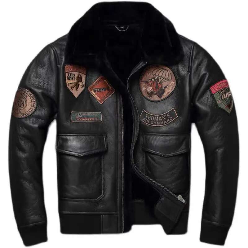 Natural Shearg Men 8 Patches Sheepskin Leather Jacket Male Real Lamb Fur Coat Warm Thick Winter Clothing Asian Size