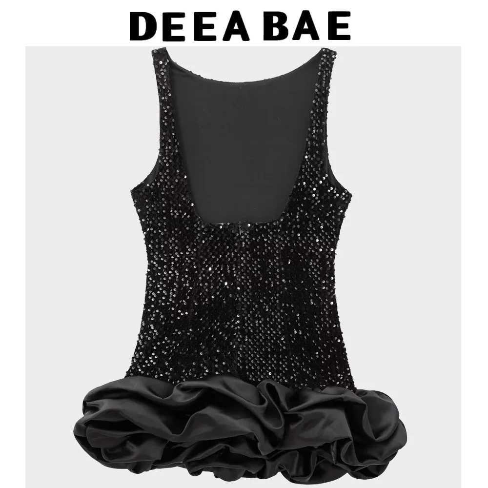 DEEABAE Ele Party Dresses Women Round Neck Sveless Camisole Skirt Layered Decoration Short Backless DressXJ250224