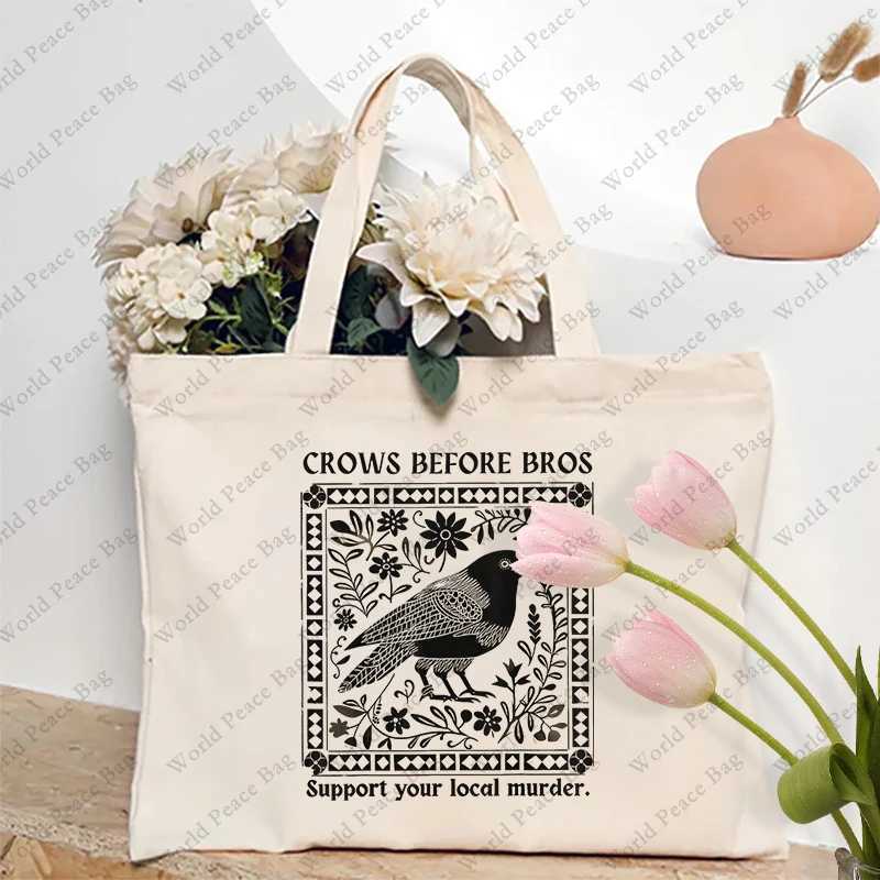 1 pc Crows Before Bros Vintage Crow pattern Tote Bag Canvas Shoulder Bag For Travel Daily Commute Womens Reusable Shopping Bag Z250224