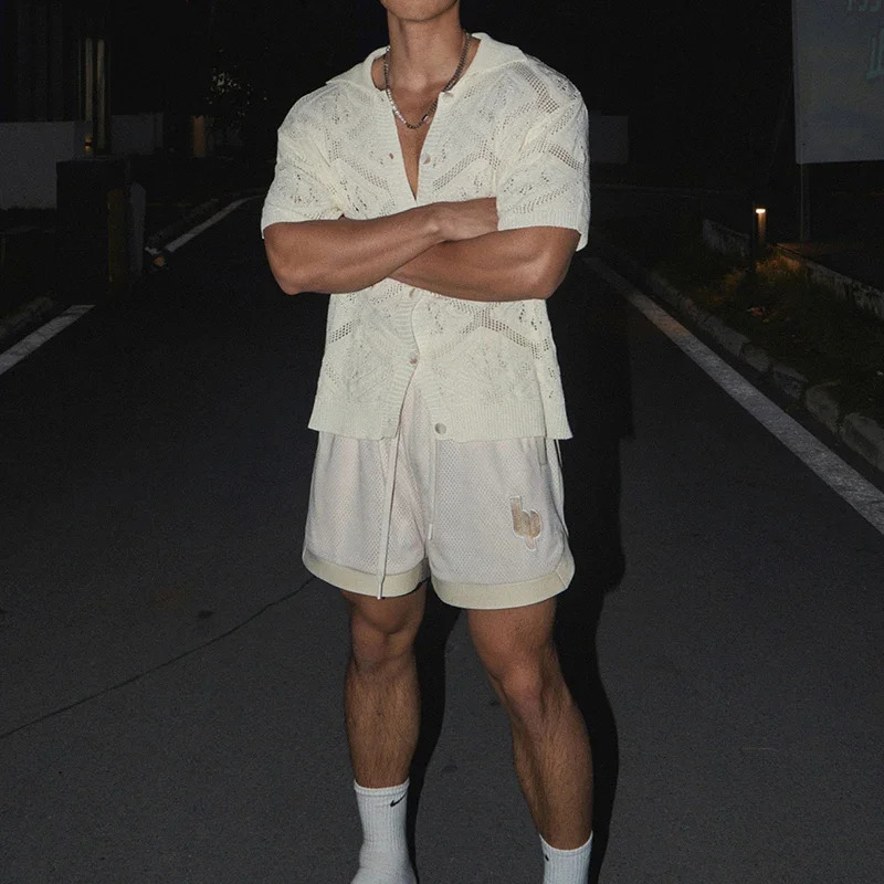 Sexy Mens Hollow Out Knit Shirt Vintage See Through Breathable Knitting Shirts Men Summer Stylish Solid Color Short Sleeve Tops 250222