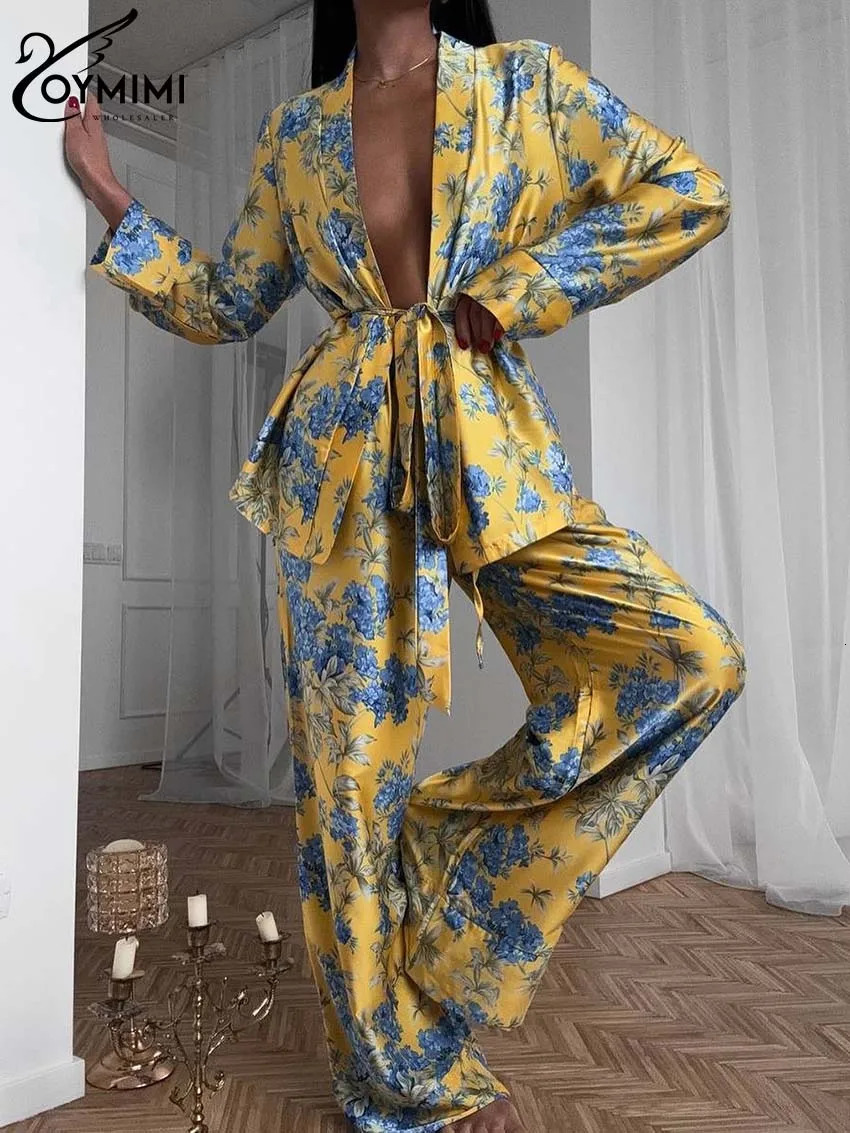 Oymimi Fashion Yellow Print Womens 2 Piece Outfit Set Casual Satin Long Sleeve Lace-Up Shirts And Drawstring Straight Pants Sets 250225