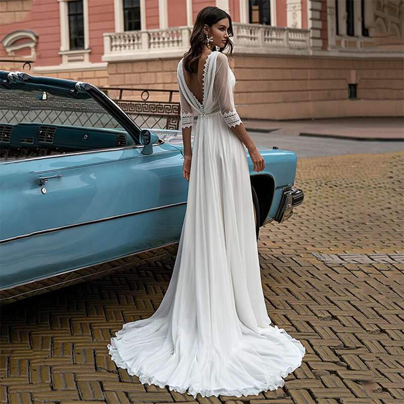 Sexy Half Lace Sleeves Sweetheart Fringed Backless Applique Bridal Dress High Slit Side Chiffon Train Robe de prom