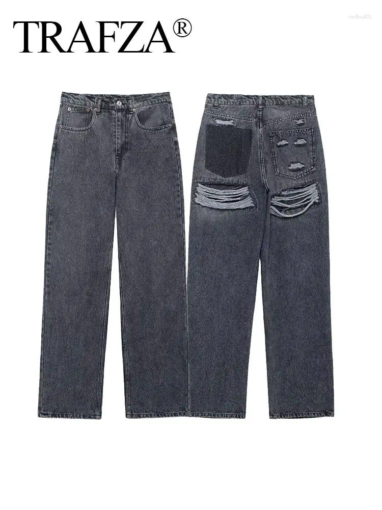 Women's Jeans TRAFZA 2025 Vintage Denim For Women 2 Colors High Waist Zipper Ripped Distressed Patchwork Causal Straight Tr