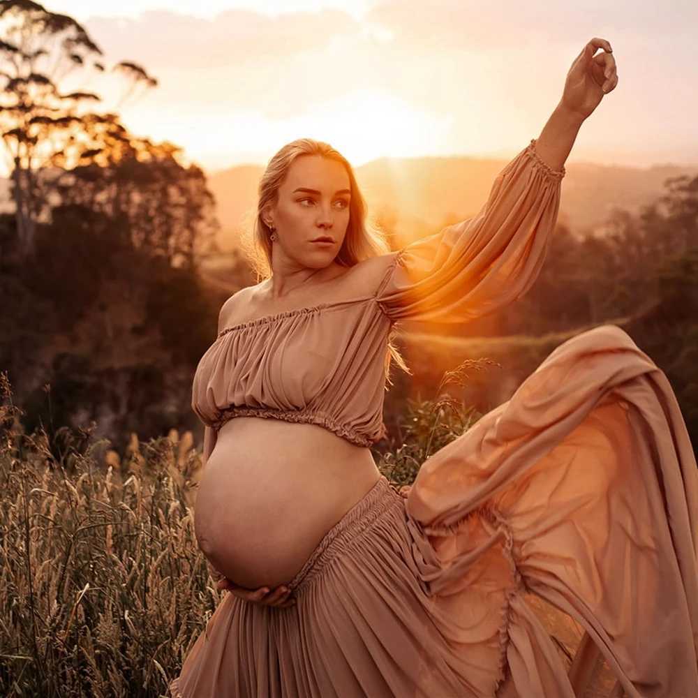 Maternity Dresses For Baby Showers Elegant Chiffon Long Sleeved Two-Piece Set Bohemian Photo Shooting Pregnancy Dress X250224