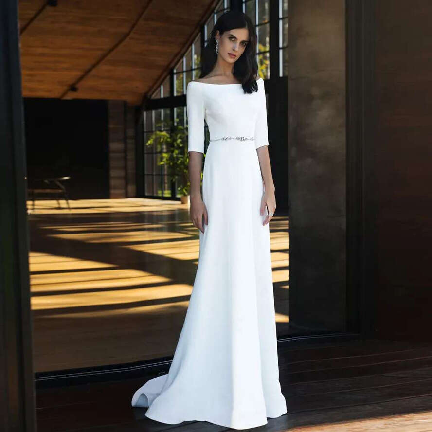 Simple Wedding Dress Boat Neck Half Sleeves Beading Sashes Or Length Long Bridal Gowms Vestido De Novia Mairee
