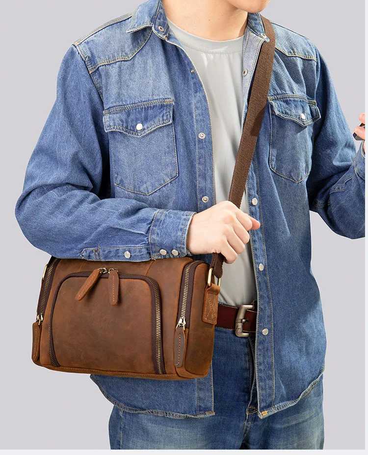 2025 new design fashion horizontal cylinder bag crazy horse leather men shoulder bag leather messenger bag shopping vintage bag Z250225