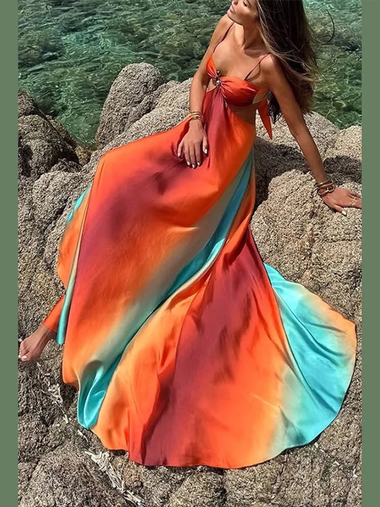 Bohemia Gradient Printed Sling Beach Maxi Dress Women Spaghetti Strap Sleeveless Backless Long Dress Female Hollow Out Chic Robe 250222