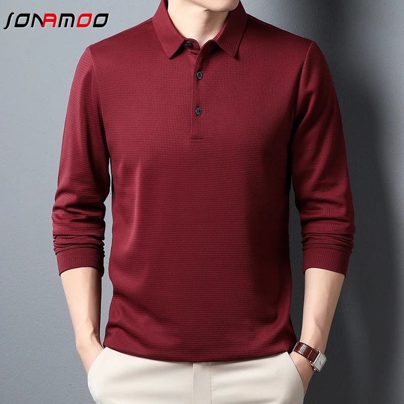 Mens Business Casual Polo Long Sleeve T-shirt Summer Comfortable Solid Top 250224