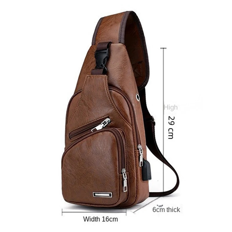 Vintage Shoulder Bag For Man PU Leather Brown Chest Bag Large Capacity Usb Charging Travel Organize Crossbody Shoulder Bags 250224