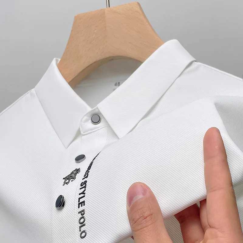 Summer Silk Polo Shirt for Mens Youth Lapel Light Luxury Traceless Silk T-shirt Fashion Ice Silk Trend Short sleeved TopT250225