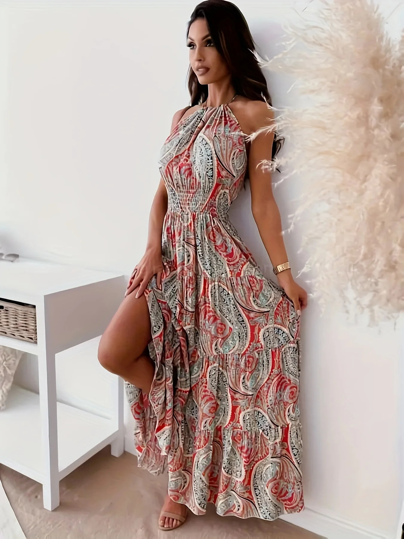 Contrast Color Female Dresses Elegant Loose Summer Beach Women Long Dress High Waist Sleeveless Fashion Midi Length 250225