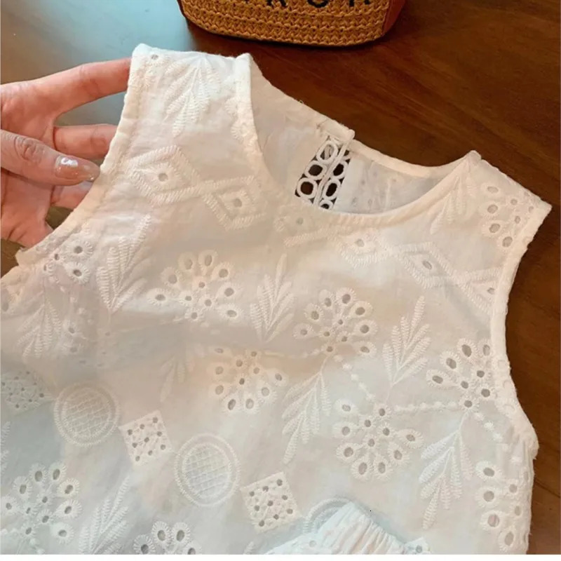 Summer Children Baby Girl 2PC Clothes Set Cotton Hollow Lace Sleeveless Vest Elastic Waist Shorts Suit Toddler Girls Outfit 250221