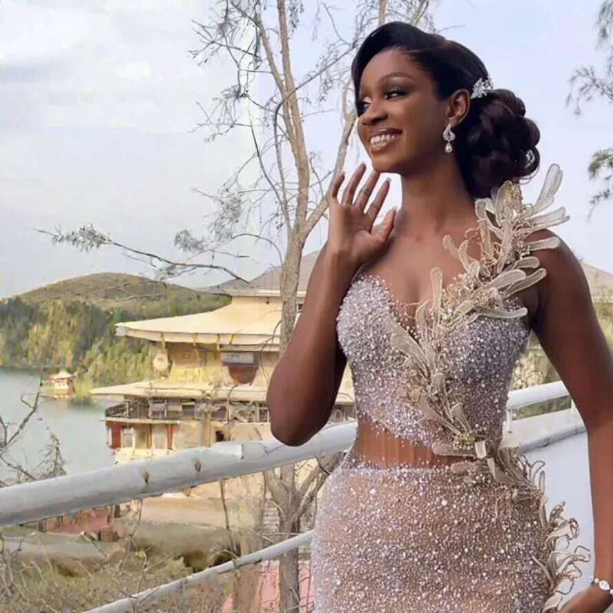 Aso Ebi Gold Prom Sequined Mermaid Sexy Side Split Evening Birthday Party Second Reception Dresses African Arabic Formal Dress Engagement Gowns St231